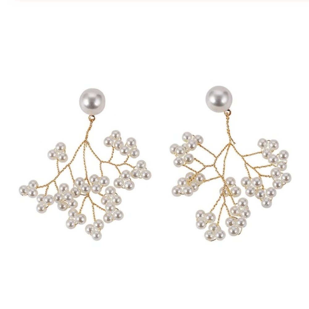 Gold White Round Pearl Flower Drop Earrings